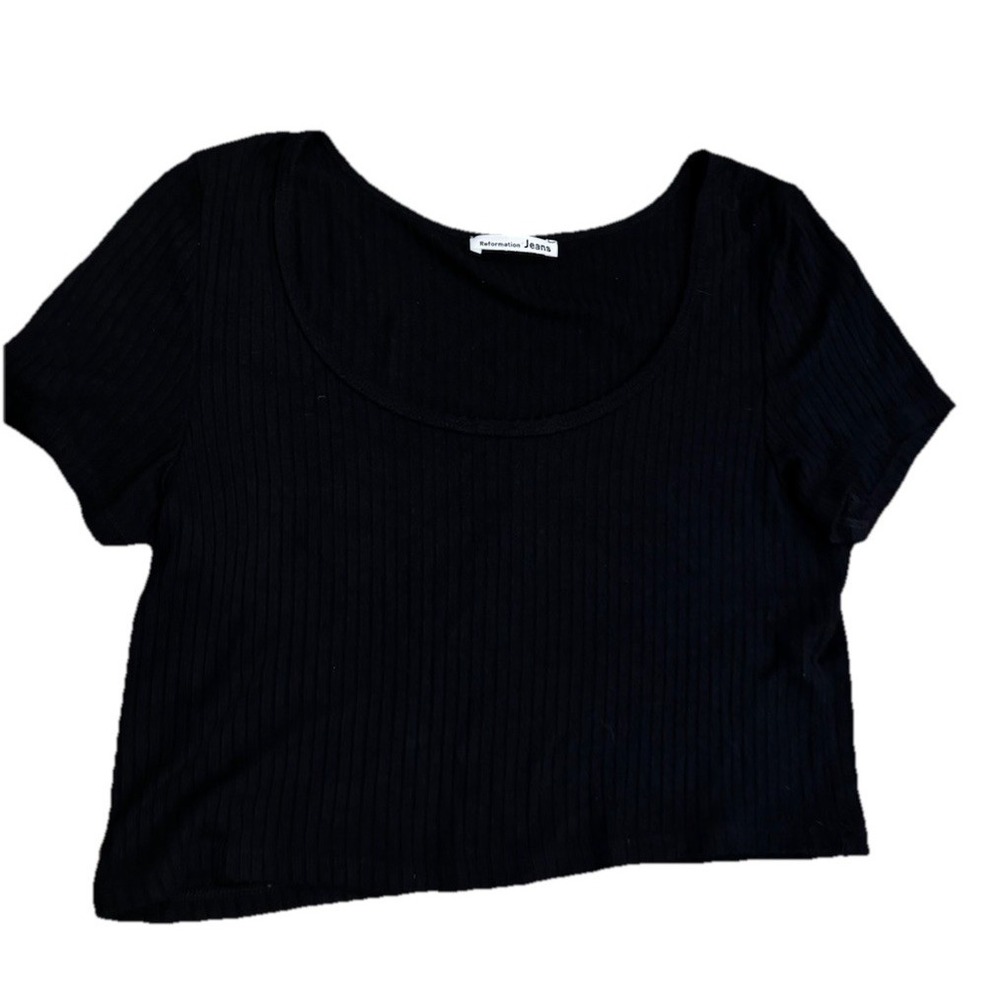 Reformation Jeans Women's Black Ribbed Kaleigh Ribbed Short Sleeve Crop Top S M‎ - Picture 2 of 5